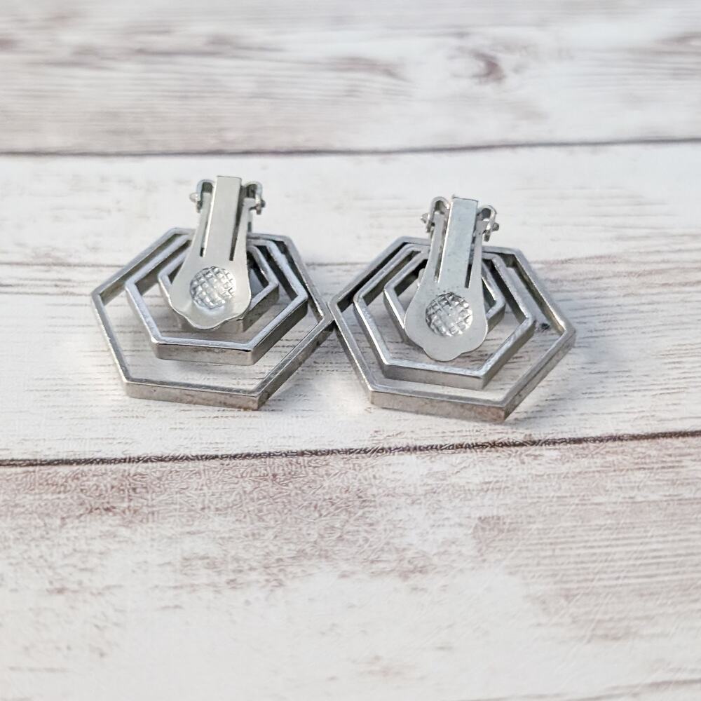Vintage Clip On Earrings Silver Tone Geometric Large Statement - Picture 4 of 5